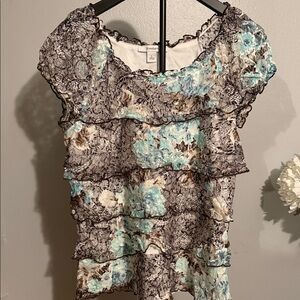 Dressbarn Floral Lace Ruffle Blouse - Blue and Brown